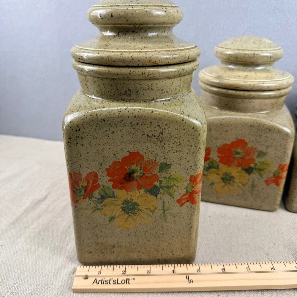 Vintage Clara's Ceramics Floral‎ Canister Set 3 Speckled Stoneware Retro Kitchen